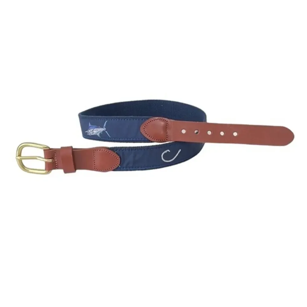 Leather Man Ltd. Fish and Hook navy blue ribbon & leather‎ belt. Brass buckle.